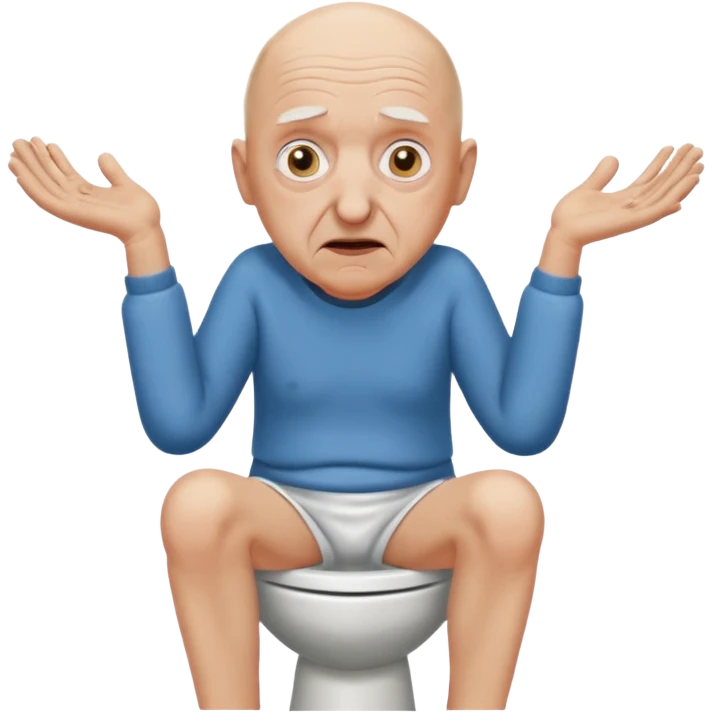 A bald person who’s very old is staring, he’s inside a toilet and his head is upright and looking at the camera with very wide eyes and his hands are putting pressure on his head, very scared expression and he’s shaking his butt emoji