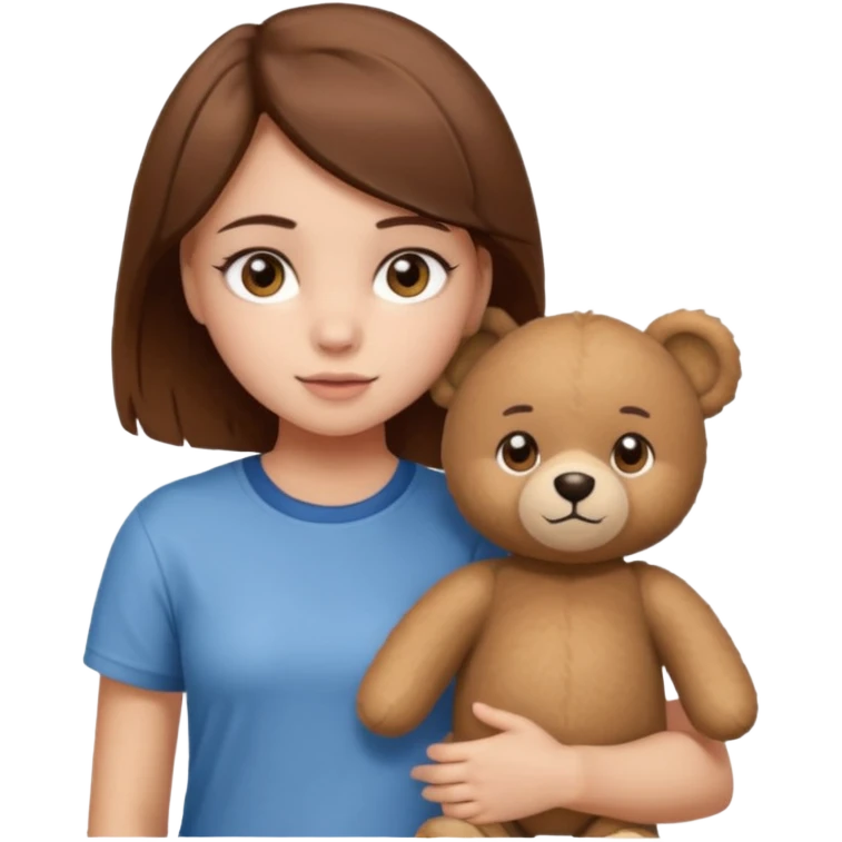 A Girl with Brown hair and Brown eyes with a t-shirt of a Teddy bear emoji