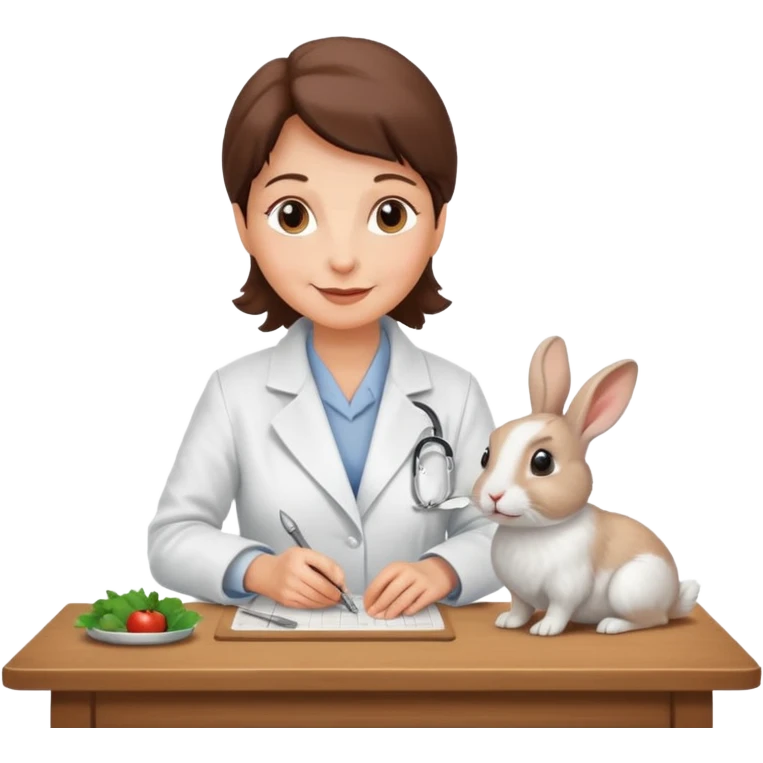 Older female vet – gentle smile, coat, checking rabbit on table. emoji