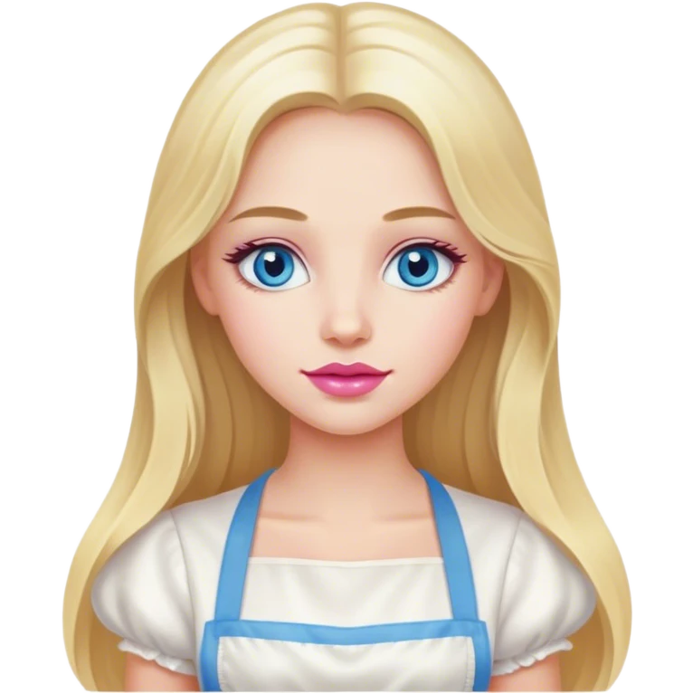 Cinematic realistic beautiful blonde with long hair, blue eyes and pink lips in a white dress cooks emoji