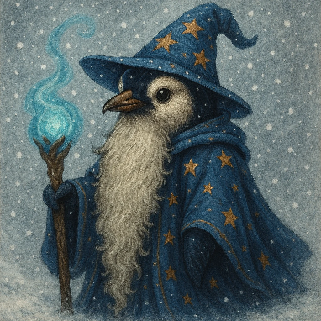 Add a snowy background behind the fantasy penguin wizard, keeping the detailed illustration style. emoji