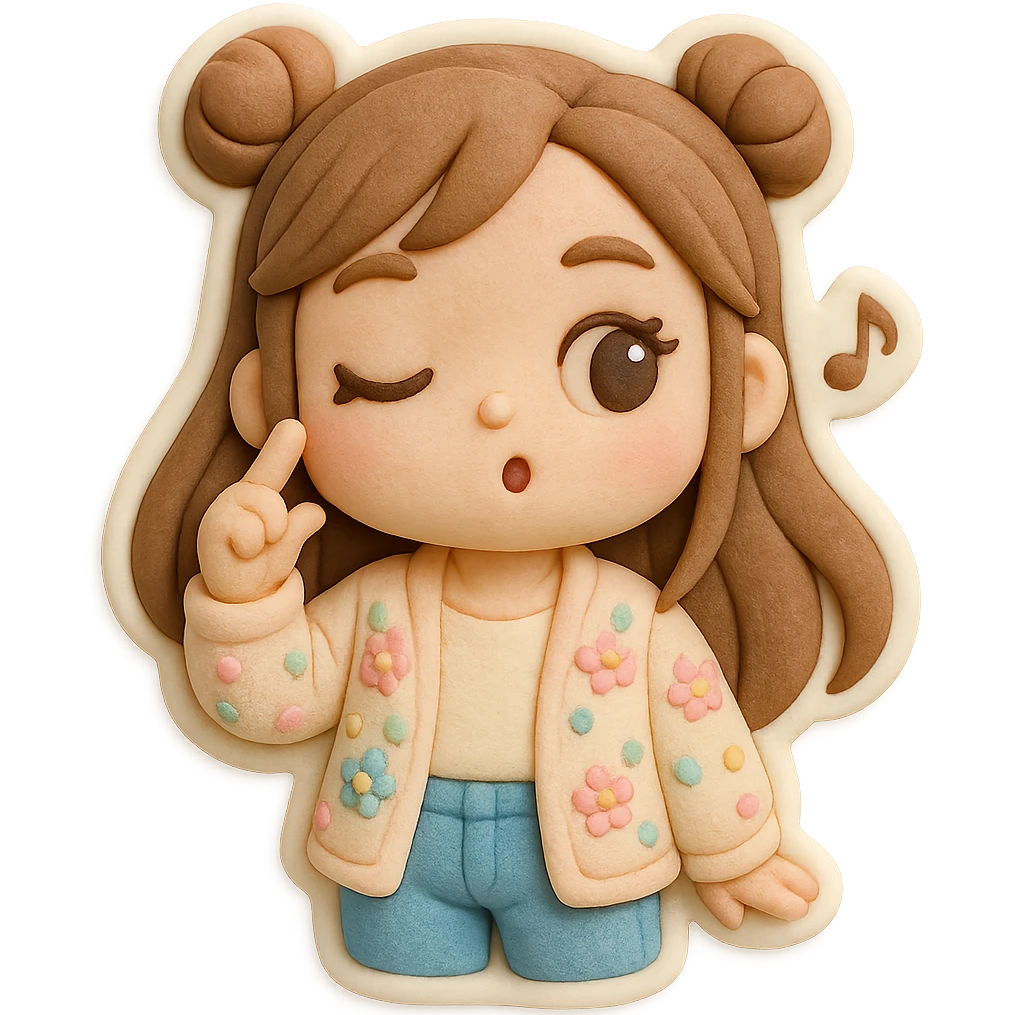 3D chibi girl fondant cake art style, high-quality rendering with smooth shadows and soft gradients, long brown hair in two space buns, brown eyes, jeans, pastel floral cardigan, thick white outline like a sticker, transparent background, spinning finger near her temple and whistling like 'what a fool', preserve facial features from reference image emoji