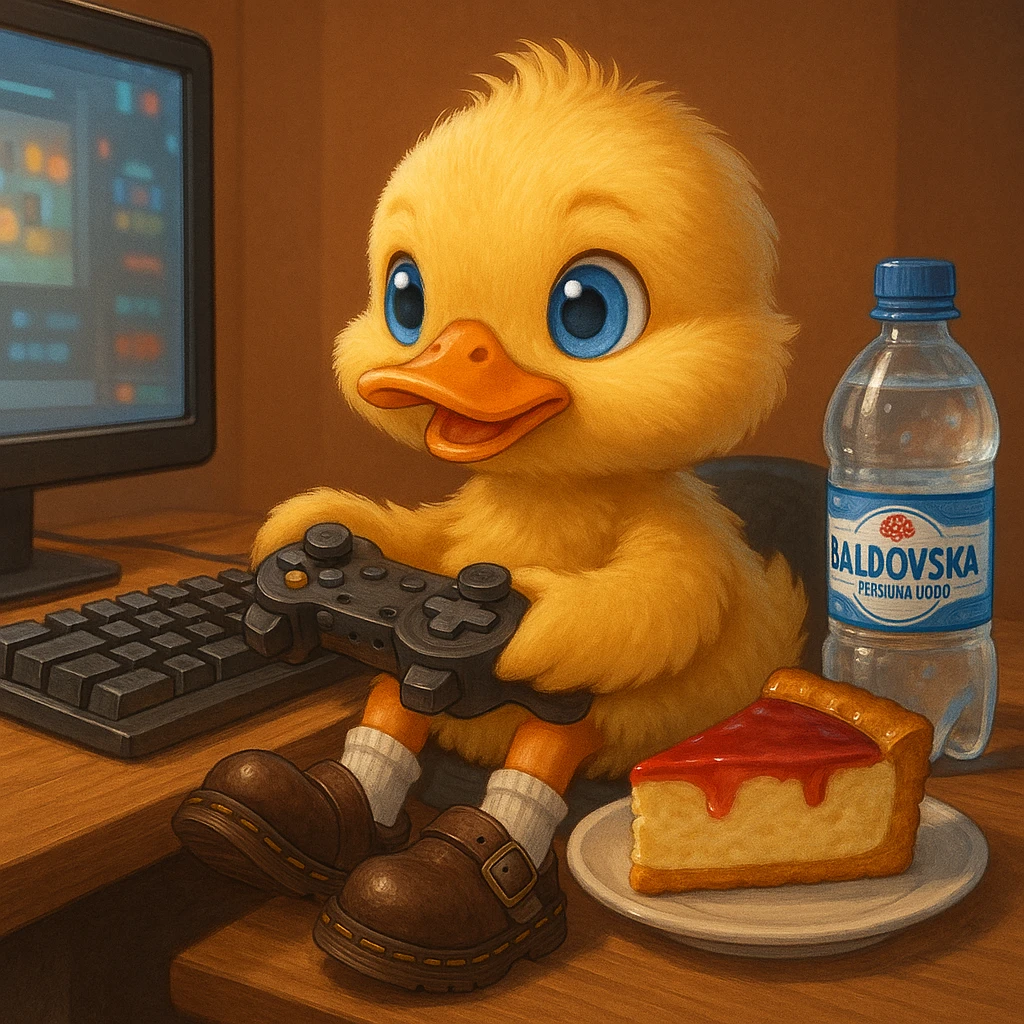 a small duck with blue eyes, wearing white socks and Dr. Martens Jorge slippers, playing games on a computer, drinking Baldovská mineral water, and eating cheesecake, detailed, vibrant, cute emoji