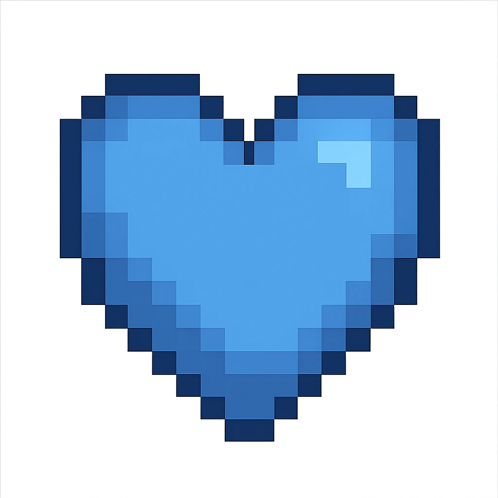 Create a pixel art heart in blue color with no background. The style should resemble pixel art. emoji