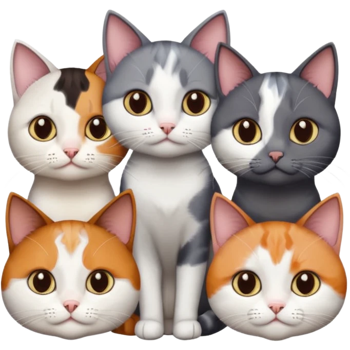 5 different coloured short haired cats including; a dark brown and white cat, and a dark grey and white, and a calico emoji
