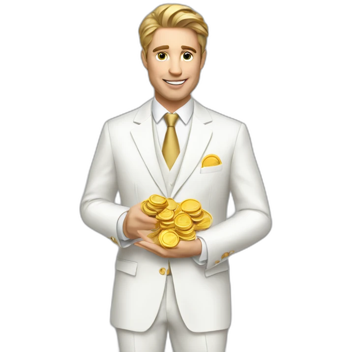 Posh-man-with-white-suit-holding-golden-coins emoji