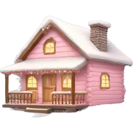 light pink winter cabin with snow and christmas decor emoji