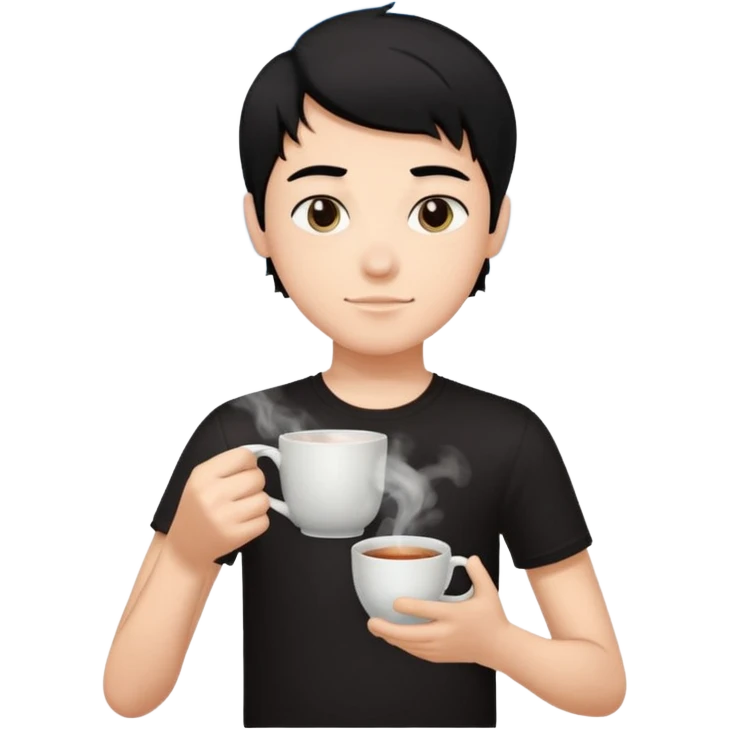 The boy teen have a black hair, and black T-shirt with a cup of tea. Sky blue background  emoji