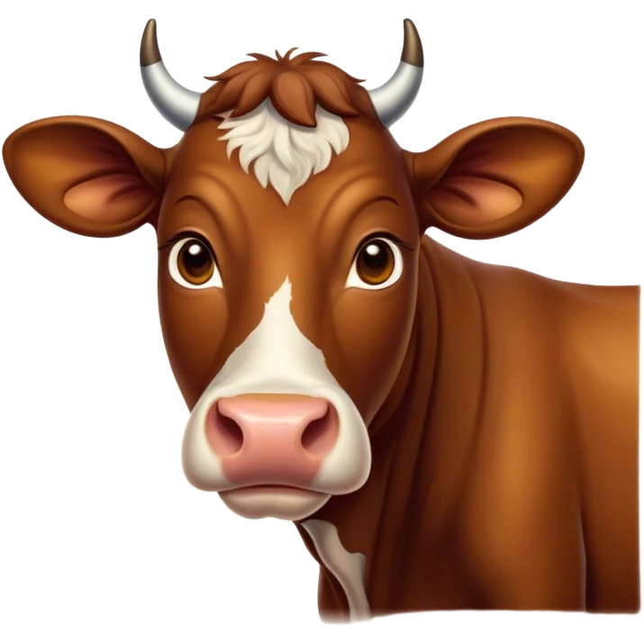 Cinematic Noble Brown Cow Portrait Emoji, Poised and regal, with a large, sturdy build and a smooth, well-groomed deep brown hide, deep-set soulful brown eyes, Simplified yet sharp and sophisticated features, highly detailed, glowing with a soft, dignified glow, high shine, intelligent and calm, stylized with an air of pastoral majesty, focused and attentive, soft glowing outline, capturing the essence of a watchful and confident bovine guardian, so majestic it feels as though it could amble out of the screen with effortless authority! emoji