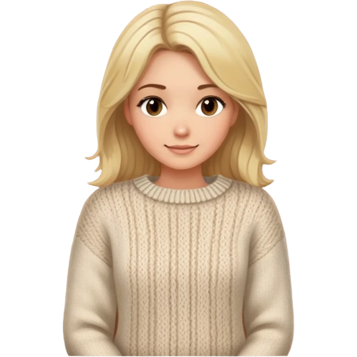 A half-body image of a woman with medium-length blonde hair, wearing a cozy knitted sweater. She has a warm and friendly expression, with a rustic wooden background and soft sunlight emoji