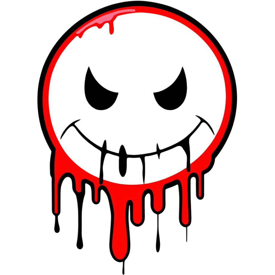 Evil smiley face with sharp teeth and blood dripping down, horror themed emoji