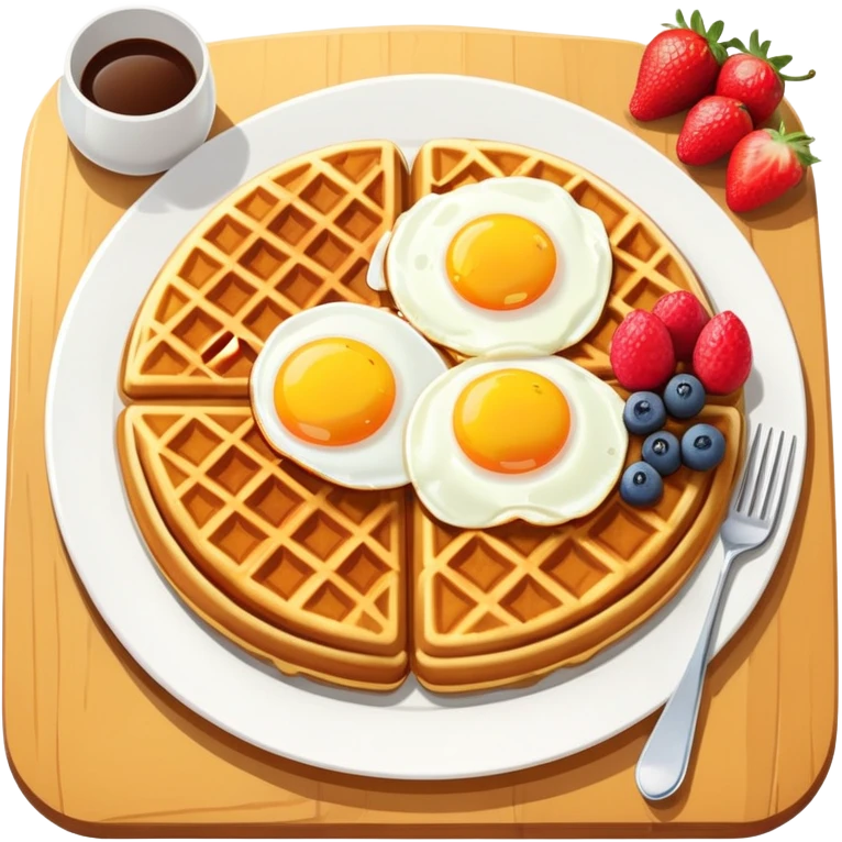 Brunch spread with waffles, eggs, and fruit on a table emoji