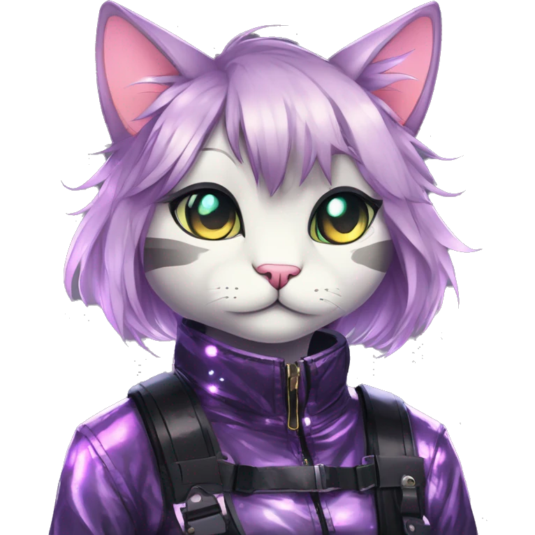 Gorgeous sparkly shiny colorful dark techwear anime style anthro cat with blushing face aesthetic and pretty edgy black with collar and harness trending style emoji