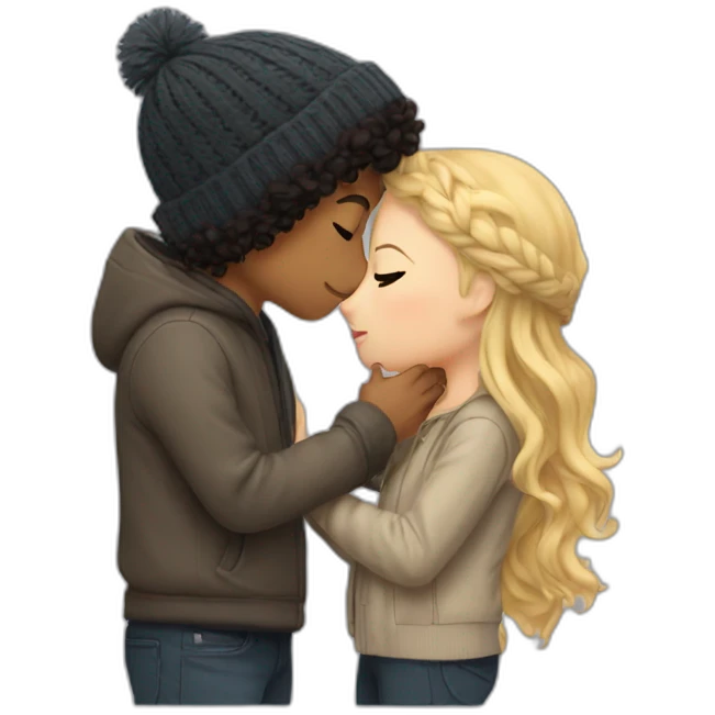 a boy with blond hair in a beanie kissing a girl with dark curly hair emoji