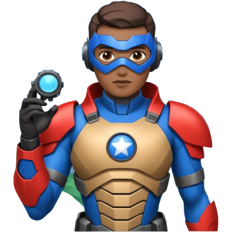 Un photographe high tech du futur, avec du matériel, une armure de terrain à la super héro. emoji