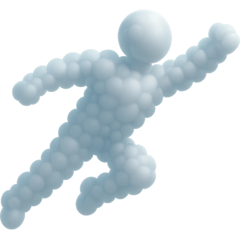 a person flying, fully composed of small very white fluffy convex clouds, matte glass style emoji