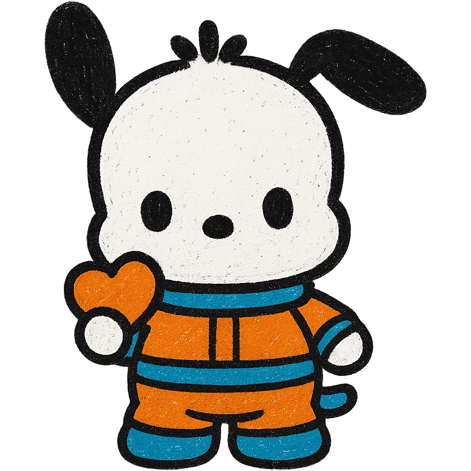 Make Pochacco white with black ears, wearing an orange and blue space suit, keep plushy Popmart doll style, cute and playful, no background. The style should reflect a plushy Popmart doll look, cute and playful. emoji
