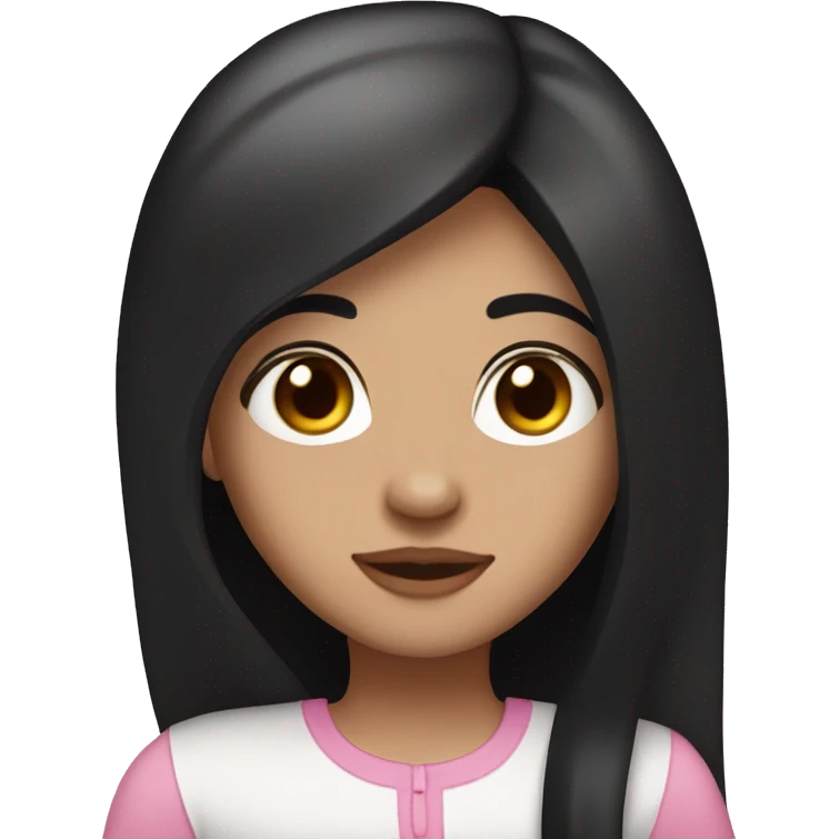 Pale extra white, long black straight hair, brown eyes, pink accessories, freckles, small nose,  emoji