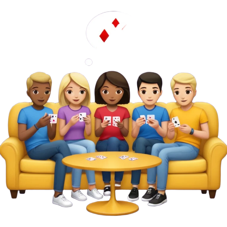 group of friends on couch playing a card game couch should be deep dark yellow color emoji