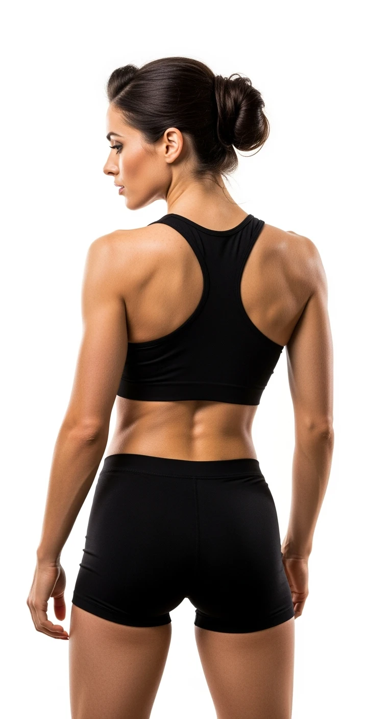 donna fitness di spalle con spina dorsale in evidenza, sfondo bianco emoji