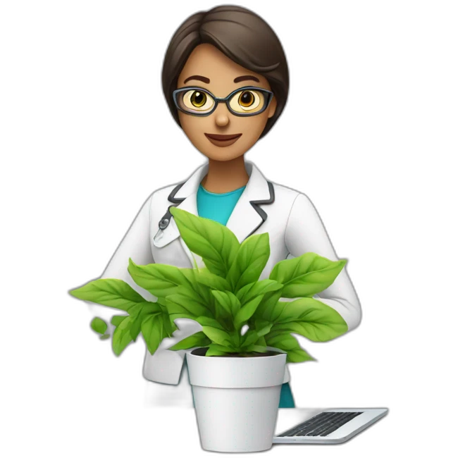 Woman Technologist with MacBook, green plant and cup of coffee emoji