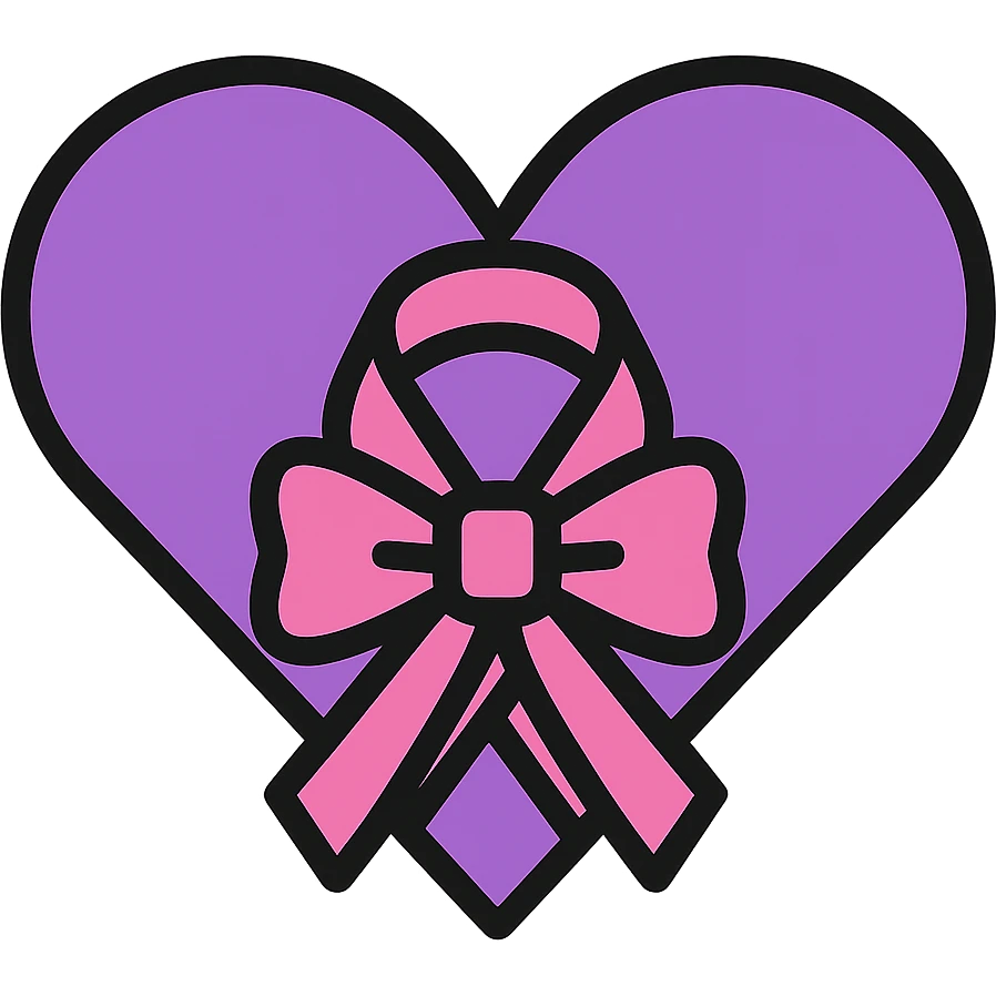 Add a bow to the ribbon on the purple heart, keep the color outline icon style, with no background. emoji