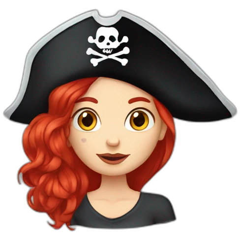 Woman long red hair on one side, other side of head is shaved. Tattoo under shaved hair. pirate hat, skull and crossbones t shirt emoji