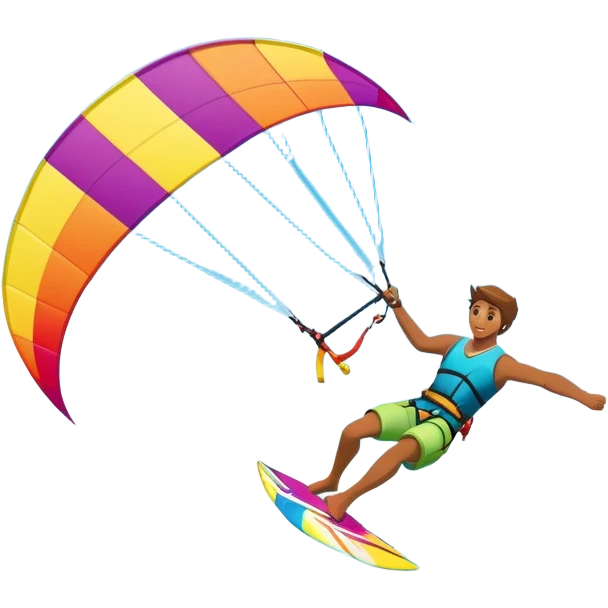 A kitesurfer soaring through the sky, harnessing the wind on a bright, colorful kite. The scene shows the surfer gliding over the water with the kite above, emphasizing the freedom, speed, and thrill of the sport in a dynamic coastal setting. emoji