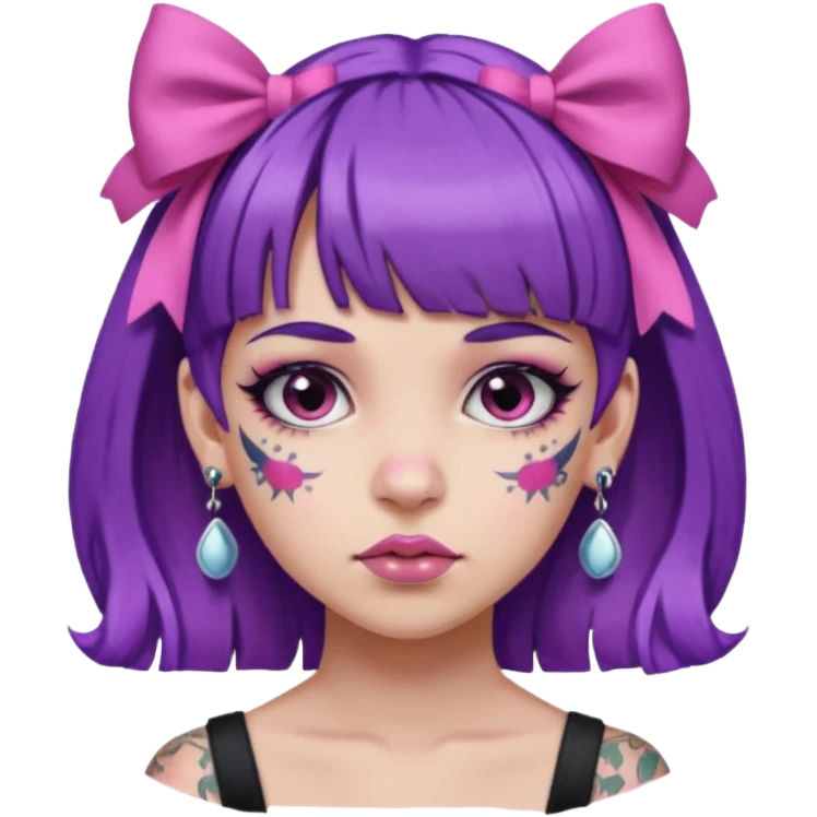 girl with bangs and purple hair and pink hairbow on the side of head and earrings and heavy face tattoos emoji
