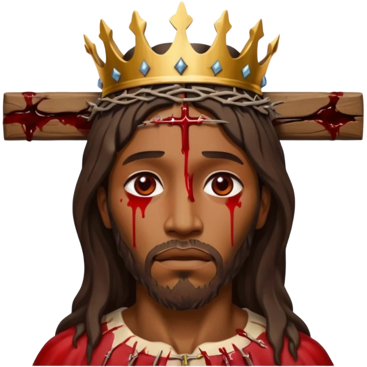 African American Jesus Christ bleeding on wooden cross with crown of thorns on his head emoji