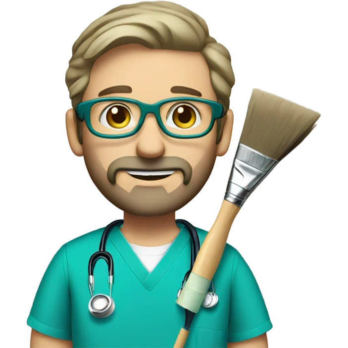 male dark blond with grey beard doctor with blue-green eyes and wire glasses in teal scrubs holding a paintbrush and a paint palette emoji