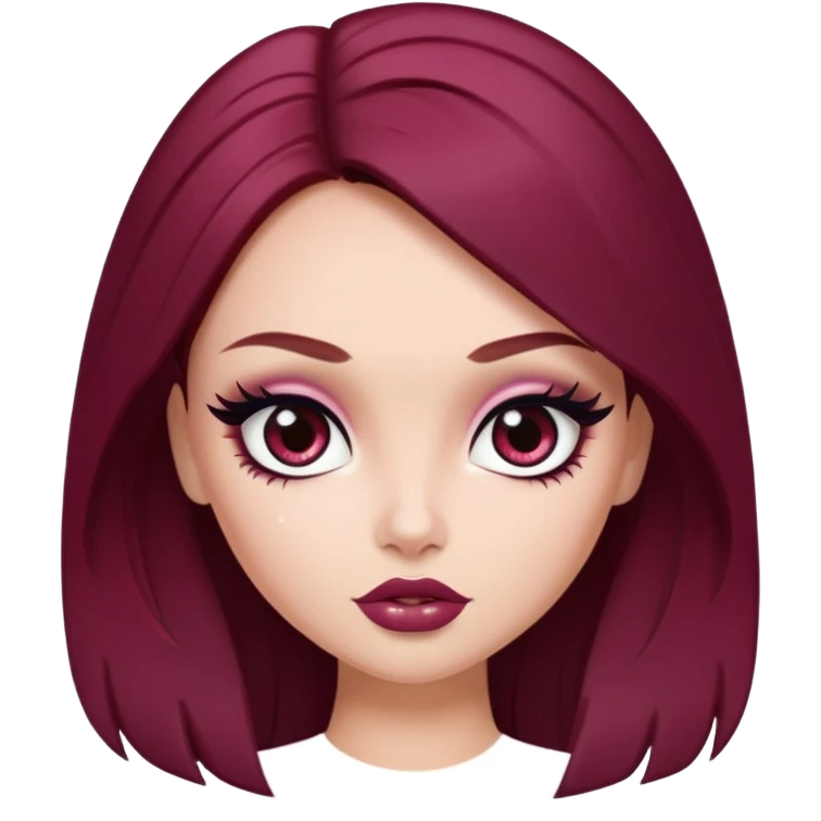 dark winered hair, pretty eyes, pretty makeup, pretty bratz baddie emoji