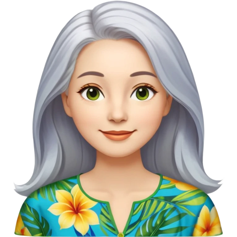 A woman with light complexion, an oval face with soft rounded features, full cheeks, gentle almond-shaped eyes with subtle smile lines, very long silver-gray hair parted to the side and styled loosely, wearing a vibrant tropical print blouse in blue, green, and yellow, exuding warmth and joy emoji