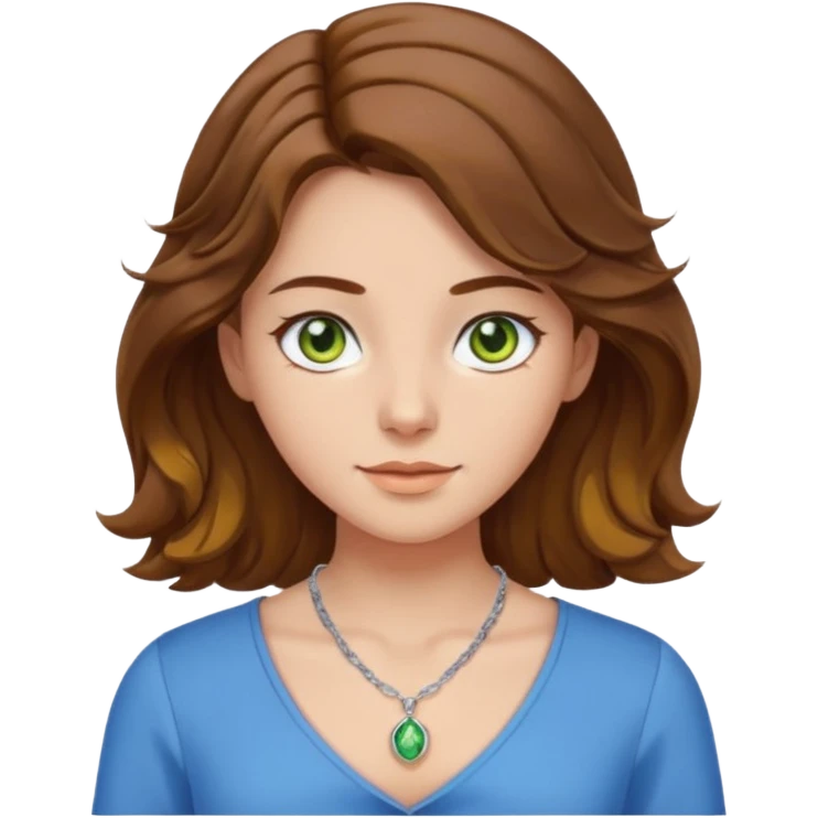 girl with brown, wave, middle hair, green- yellow eyes in white top with blue blouse and selver necklace emoji