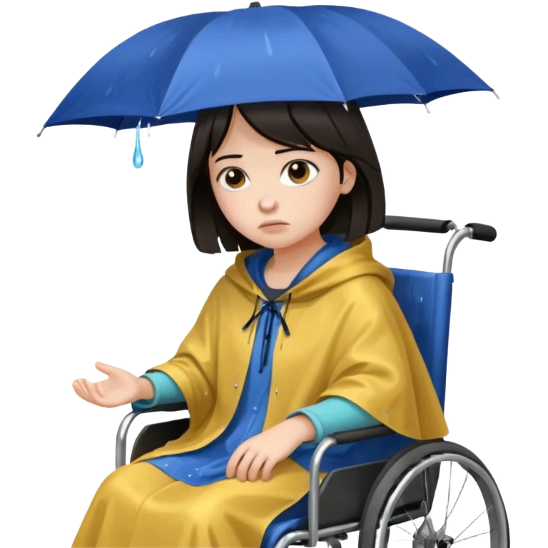 Girl with dark hair  in a wheelchair with rain poncho sad  emoji