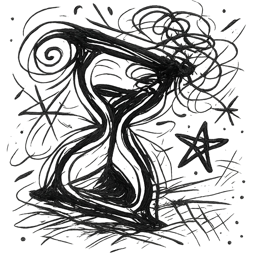 chaotic black outlined icon of an hourglass turning over, bold irregular lines, dynamic and artistic aesthetic emoji