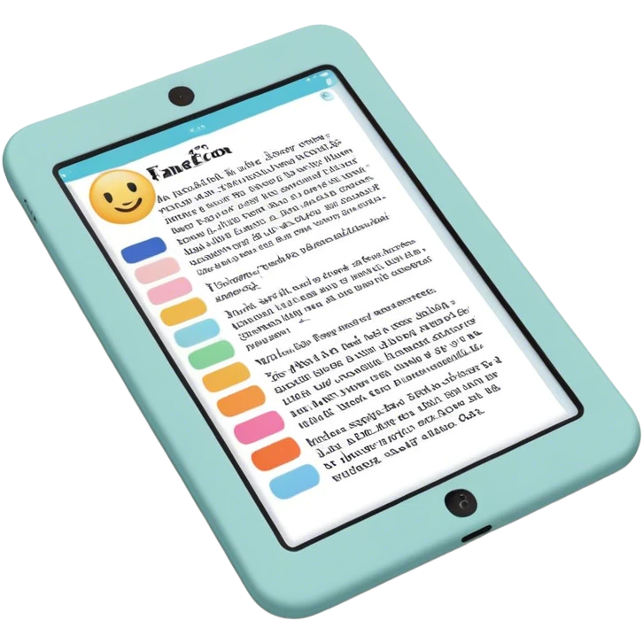 Create an emoji representing fanfiction writing. The design should feature a digital device tablet with visible text, symbolizing the creative process of writing fanfiction. Add a subtle reference to popular fictional characters or universes to indicate the fan aspect. Use a playful, imaginative color palette, blending vibrant tones with soft neutrals. Do not include any emojis or smiley faces. Make the background transparent. emoji