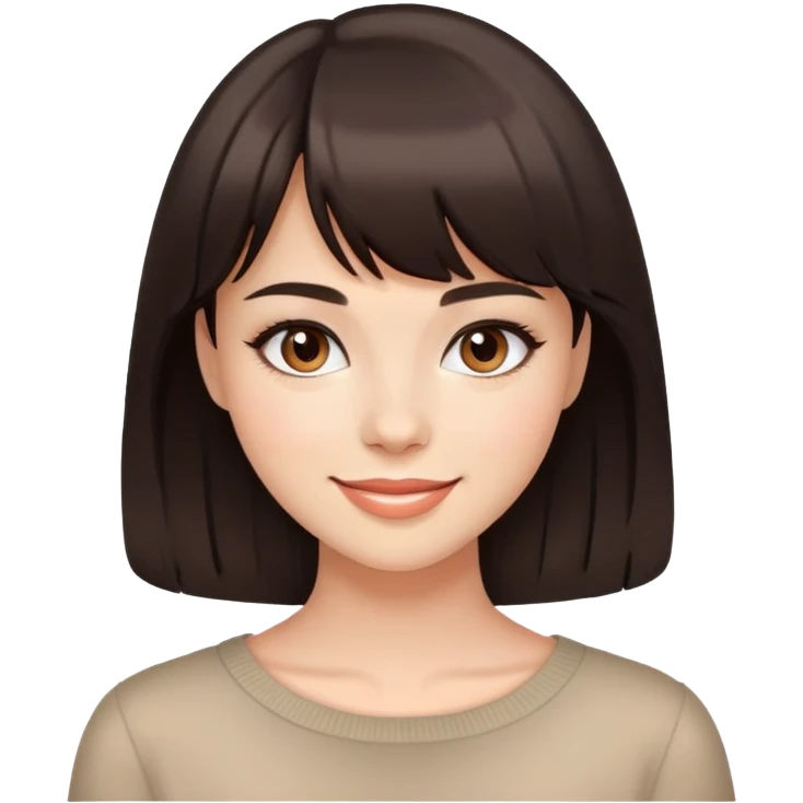 Attractive young woman with dark brown bangs and subtle makeup, confident smile emoji