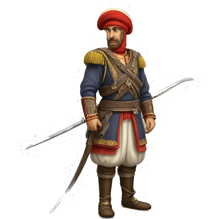 A full-length serious ottoman janissary photorealistic serious emoji