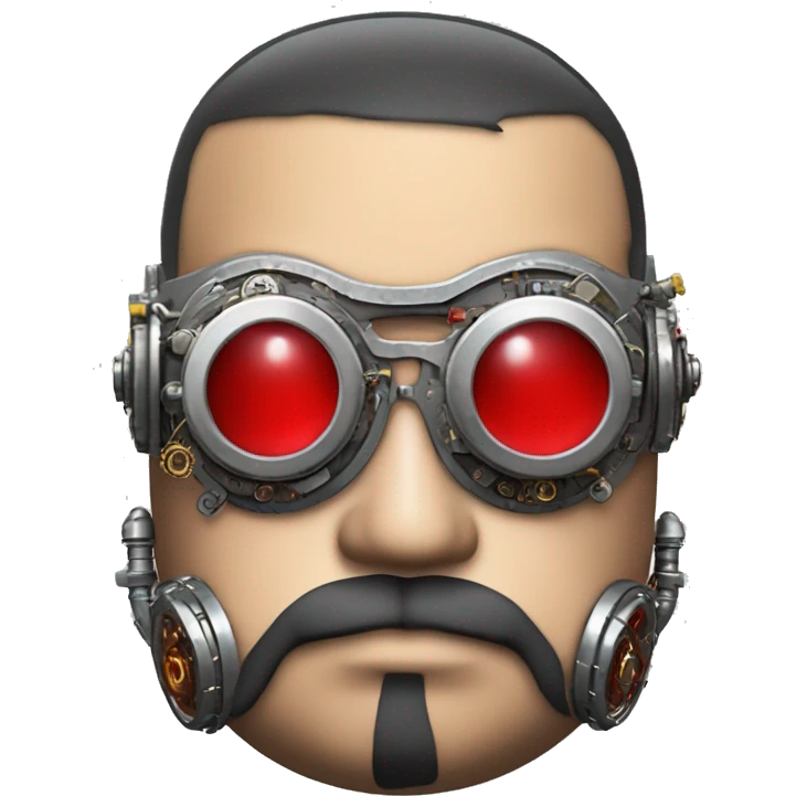 Fat cyborg head with red silver steampunk goggles, black beard and circuits emoji