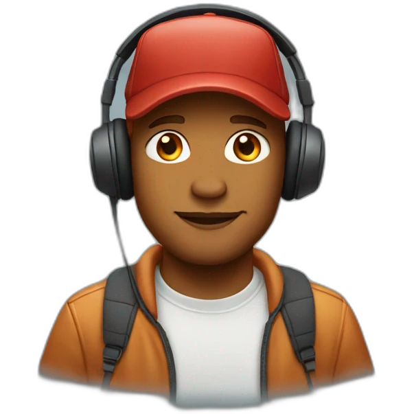 Man with red hair wearing headphones over a baseball cap emoji