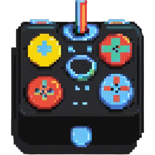 A modern fighting game joystick with multiple buttons in colorful pixel art emoji
