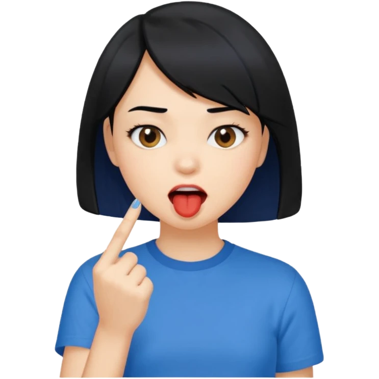 Chicas con pelo negro y corte bob haciendo que se muerde uno de sus dedos de manera picara, puedes hacer que se muerda el dedo sin sacar la lengua gua emoji