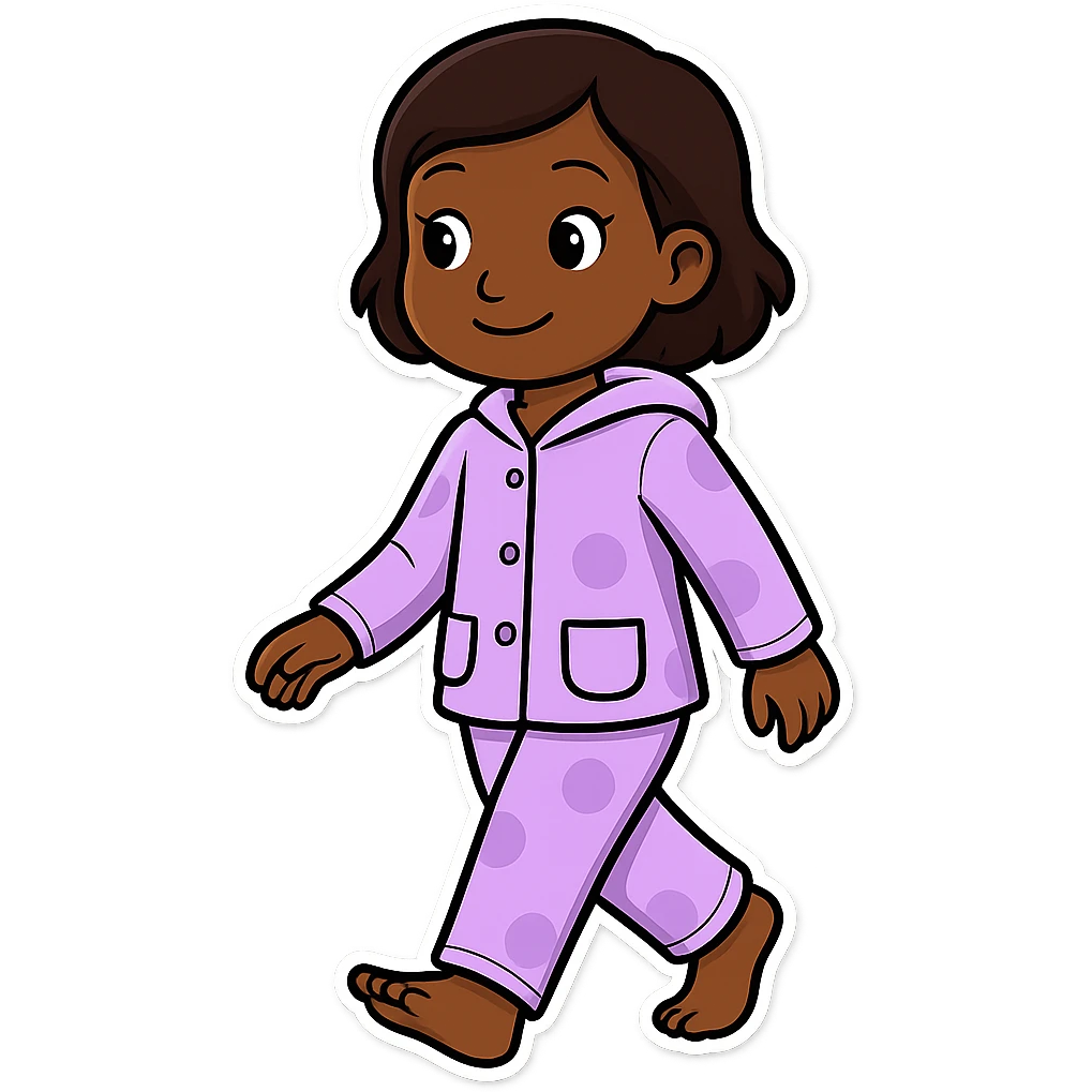 Create an image of a girl walking in pajamas with brown skin in the style of sticker, with no background. The style is sticker but fallback to general for editing as sticker style does not support editing. emoji