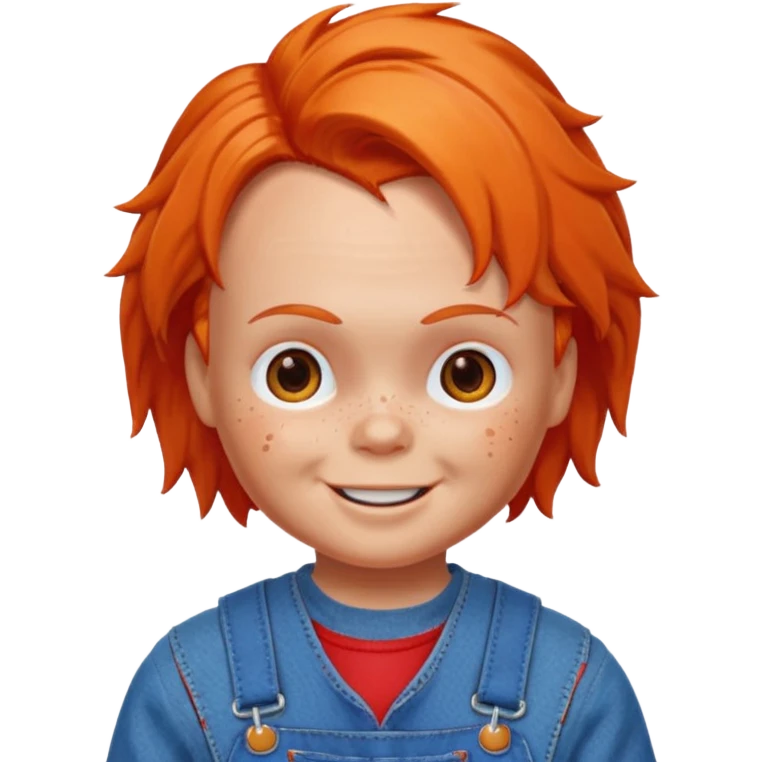 Chucky doll emoji smiling with freckles, orange hair, blue overalls, apple style emoji emoji