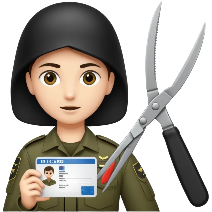 black Scissors cutting an idf soldier ID card in 2 parts .hyper realistic emoji