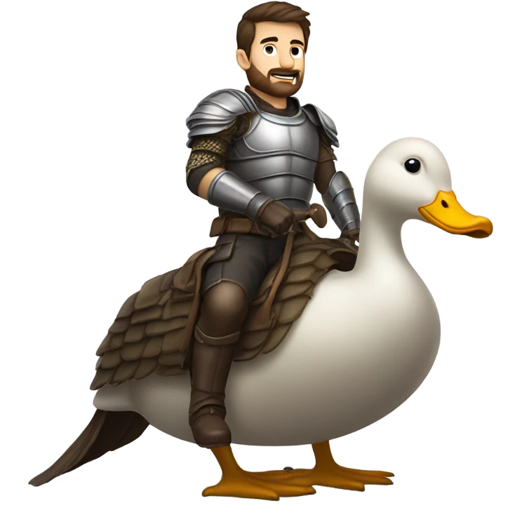 Confident armored White Man with dark brown hair and a short beard riding on the back of a giant armored duck emoji