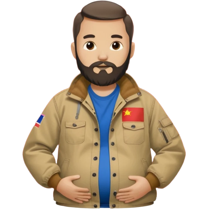 Bearded man rubbing pregnant belly poking out of a chinese flag shirt wearing a tan canvas carhartt jacket emoji