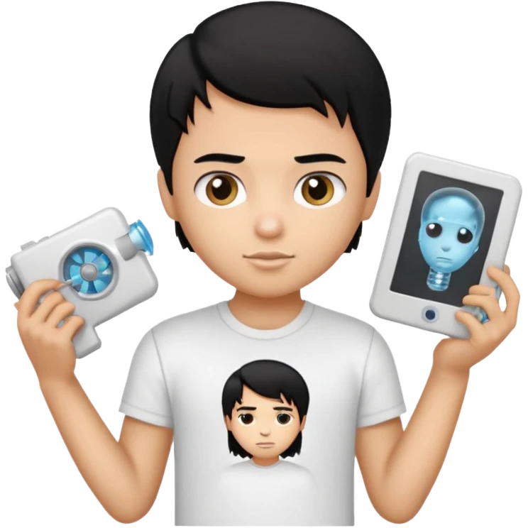 generate a pretty bratz emoji of a boy with black hair wearing a white tshirt and holding a cT emoji