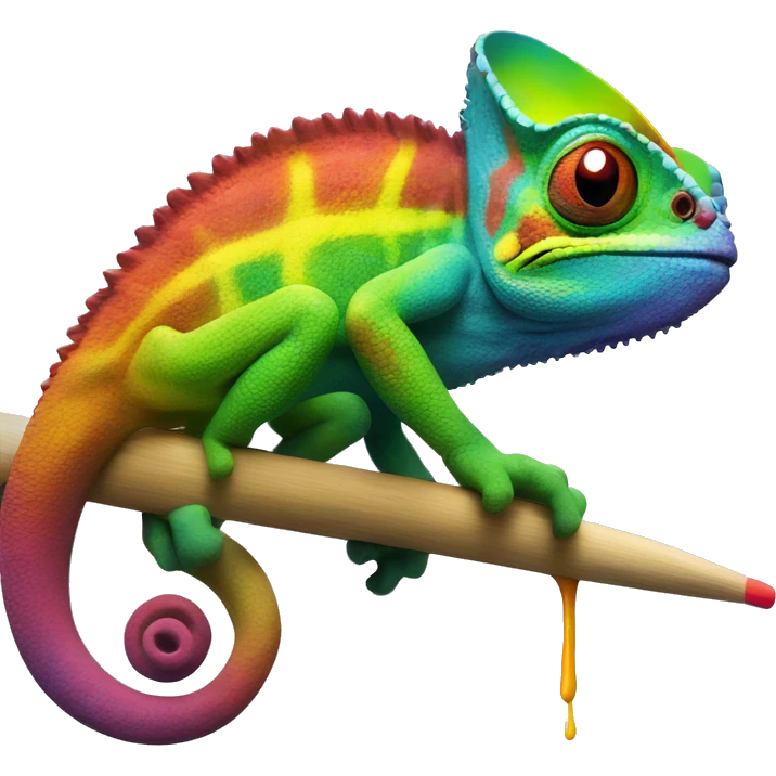 Rainbow Chameleon sits on a brush with paint emoji